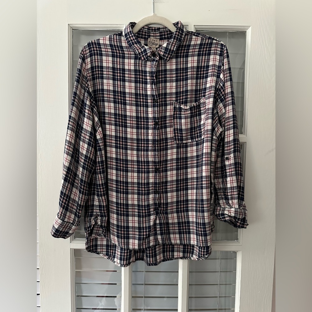 Como Vintage Women’s 2X Blue Red Plaid Flannel Button Up Shirt | SKU 0601